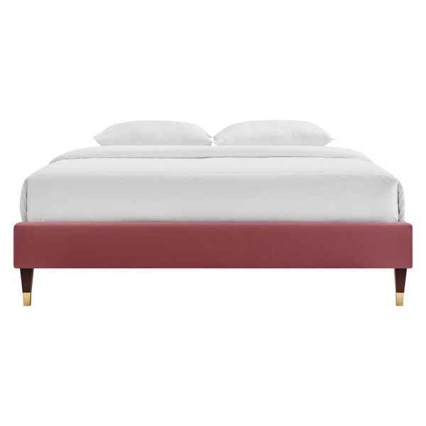 Modway Furniture Harlow Performance Velvet Queen Platform Bed Frame - Glam Deco Design with Gold Accents and Stain-Resistant Upholstery Dusty Rose MOD-6270-DUS