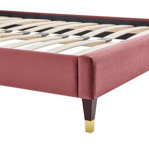Modway Furniture Harlow Performance Velvet Queen Platform Bed Frame - Glam Deco Design with Gold Accents and Stain-Resistant Upholstery Dusty Rose MOD-6270-DUS