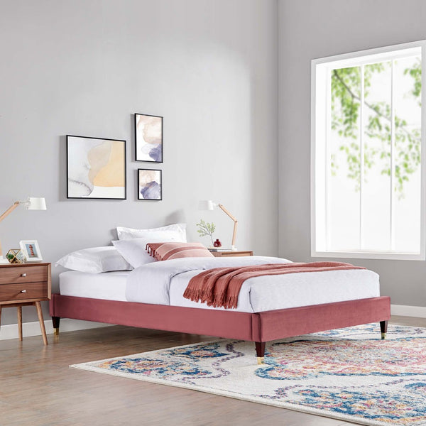 Modway Furniture Harlow Performance Velvet Queen Platform Bed Frame - Glam Deco Design with Gold Accents and Stain-Resistant Upholstery Dusty Rose MOD-6270-DUS