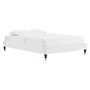 Modway Furniture Harlow Performance Velvet Queen Platform Bed Frame - Glam Deco Design with Gold Accents and Stain-Resistant Upholstery White MOD-6270-WHI