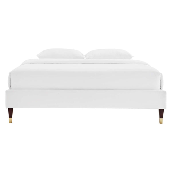Modway Furniture Harlow Performance Velvet Queen Platform Bed Frame - Glam Deco Design with Gold Accents and Stain-Resistant Upholstery White MOD-6270-WHI