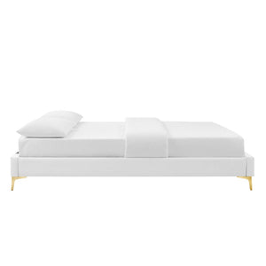Modway Furniture Leah Chevron Tufted Performance Velvet Queen Platform Bed - Luxe Design with Gold Legs & Support MOD-6977-WHI