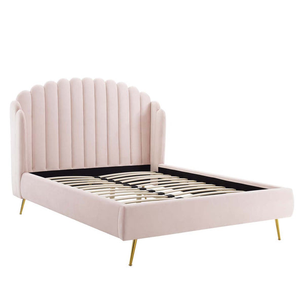 Modway Furniture Lana Performance Velvet Queen Wingback Bed - Glam, Stain-Resistant Upholstery & Gold Legs for Luxury Pink MOD-6282-PNK
