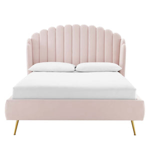 Modway Furniture Lana Performance Velvet Queen Wingback Bed - Glam, Stain-Resistant Upholstery & Gold Legs for Luxury Pink MOD-6282-PNK