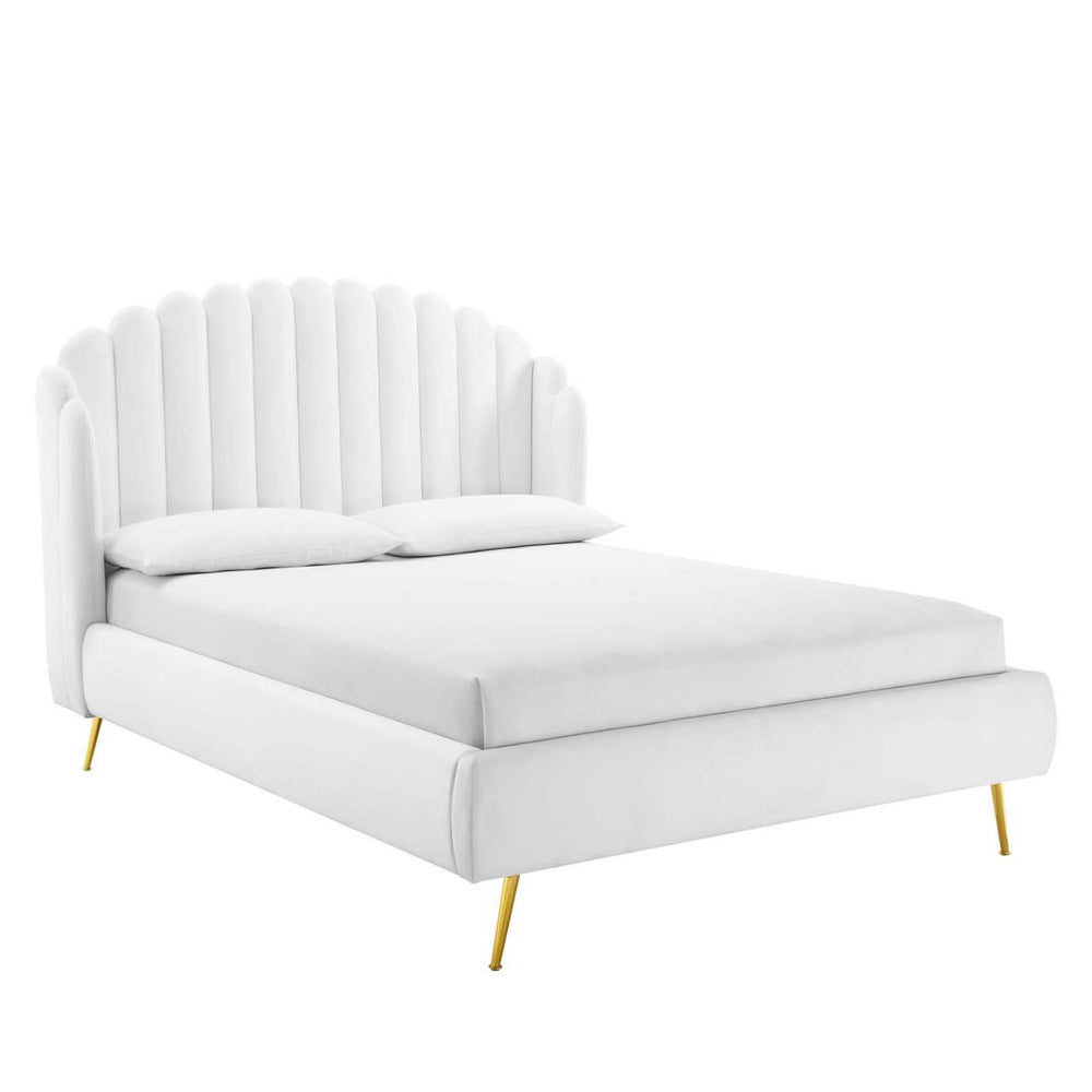 Modway Furniture Lana Performance Velvet Queen Wingback Bed - Glam, Stain-Resistant Upholstery & Gold Legs for Luxury White MOD-6282-WHI