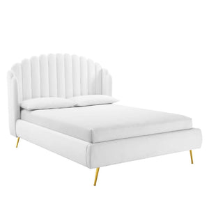 Modway Furniture Lana Performance Velvet Queen Wingback Bed - Glam, Stain-Resistant Upholstery & Gold Legs for Luxury White MOD-6282-WHI