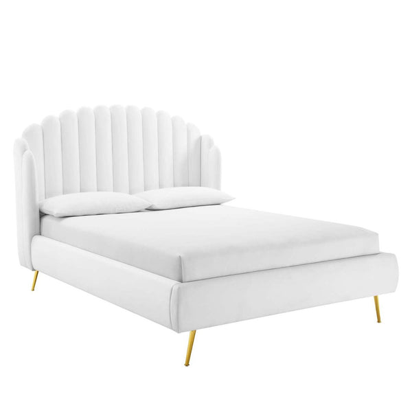 Modway Furniture Lana Performance Velvet Queen Wingback Bed - Glam, Stain-Resistant Upholstery & Gold Legs for Luxury White MOD-6282-WHI