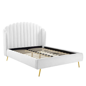 Modway Furniture Lana Performance Velvet Queen Wingback Bed - Glam, Stain-Resistant Upholstery & Gold Legs for Luxury White MOD-6282-WHI