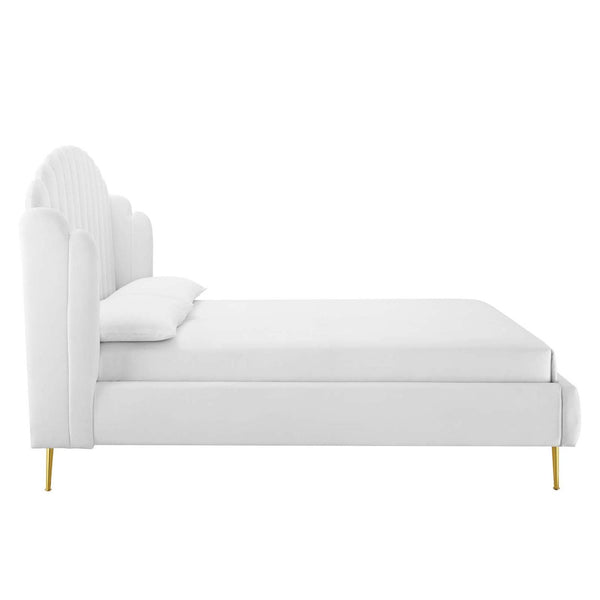 Modway Furniture Lana Performance Velvet Queen Wingback Bed - Glam, Stain-Resistant Upholstery & Gold Legs for Luxury White MOD-6282-WHI