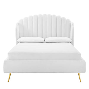 Modway Furniture Lana Performance Velvet Queen Wingback Bed - Glam, Stain-Resistant Upholstery & Gold Legs for Luxury White MOD-6282-WHI