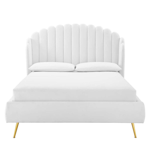 Modway Furniture Lana Performance Velvet Queen Wingback Bed - Glam, Stain-Resistant Upholstery & Gold Legs for Luxury White MOD-6282-WHI