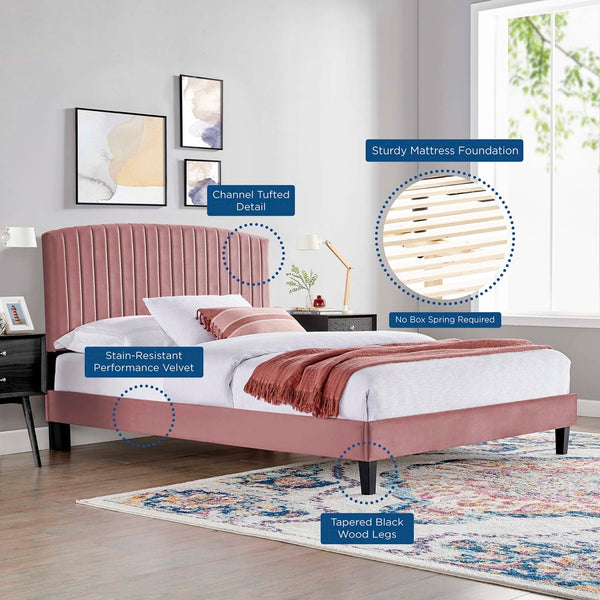 Modway Furniture Alessi Performance Velvet Queen Platform Bed - Elegant Channel Tufting & Durable Design for Luxury Dusty Rose MOD-6283-DUS