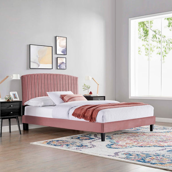 Modway Furniture Alessi Performance Velvet Queen Platform Bed - Elegant Channel Tufting & Durable Design for Luxury Dusty Rose MOD-6283-DUS