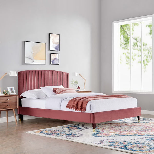 Modway Furniture Alessi Performance Velvet Queen Platform Bed - Luxurious Upholstered Glam Deco Design for Modern Style Dusty Rose MOD-6284-DUS