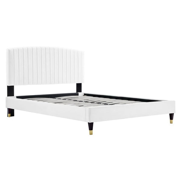 Modway Furniture Alessi Performance Velvet Queen Platform Bed - Luxurious Upholstered Glam Deco Design for Modern Style White MOD-6284-WHI