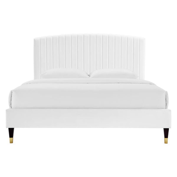 Modway Furniture Alessi Performance Velvet Queen Platform Bed - Luxurious Upholstered Glam Deco Design for Modern Style White MOD-6284-WHI