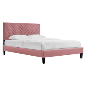 Modway Furniture Roxanne Chevron Tufted Performance Velvet Queen Platform Bed - Luxurious Modern Bedroom Centerpiece Dusty Rose MOD-6285-DUS
