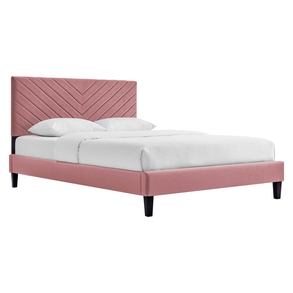 Modway Furniture Roxanne Chevron Tufted Performance Velvet Queen Platform Bed - Luxurious Modern Bedroom Centerpiece Dusty Rose MOD-6285-DUS