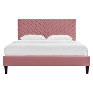 Modway Furniture Roxanne Chevron Tufted Performance Velvet Queen Platform Bed - Luxurious Modern Bedroom Centerpiece Dusty Rose MOD-6285-DUS