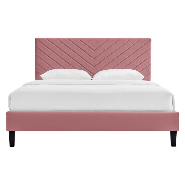 Modway Furniture Roxanne Chevron Tufted Performance Velvet Queen Platform Bed - Luxurious Modern Bedroom Centerpiece Dusty Rose MOD-6285-DUS