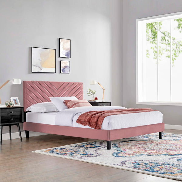 Modway Furniture Roxanne Chevron Tufted Performance Velvet Queen Platform Bed - Luxurious Modern Bedroom Centerpiece Dusty Rose MOD-6285-DUS