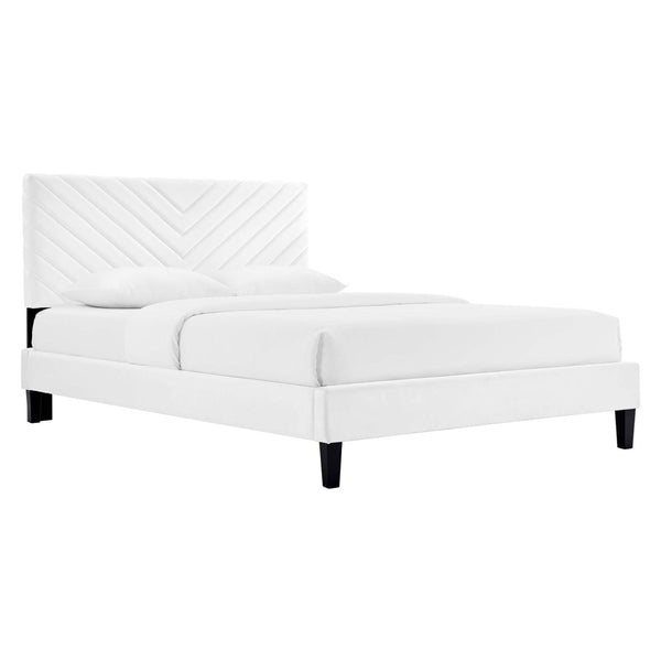 Modway Furniture Roxanne Chevron Tufted Performance Velvet Queen Platform Bed - Luxurious Modern Bedroom Centerpiece White MOD-6285-WHI