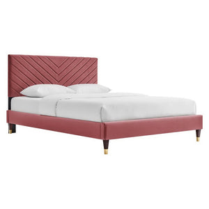 Modway Furniture Roxanne Chevron Tufted Performance Velvet Queen Platform Bed - Modern Glam with Sturdy Support Dusty Rose MOD-6286-DUS