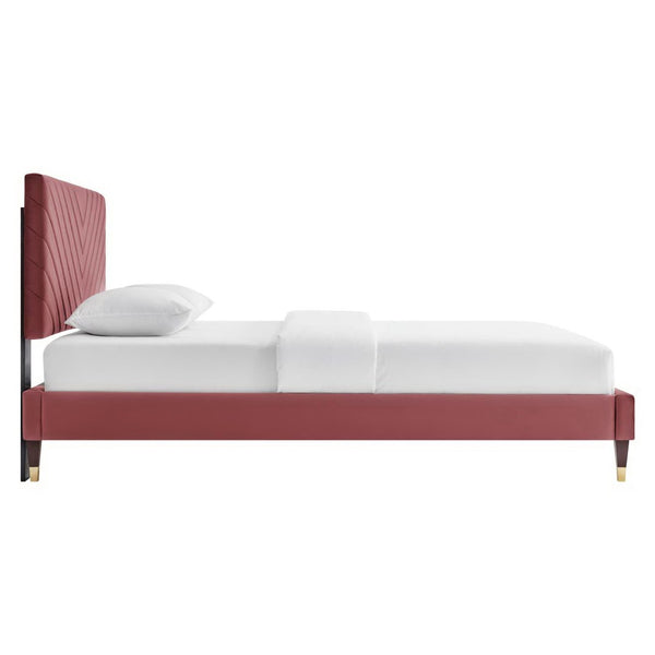 Modway Furniture Roxanne Chevron Tufted Performance Velvet Queen Platform Bed - Modern Glam with Sturdy Support Dusty Rose MOD-6286-DUS
