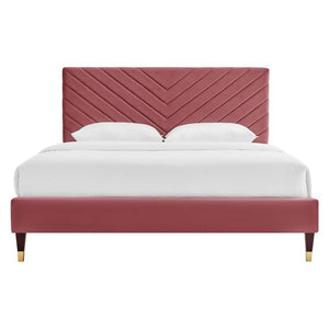 Modway Furniture Roxanne Chevron Tufted Performance Velvet Queen Platform Bed - Modern Glam with Sturdy Support Dusty Rose MOD-6286-DUS