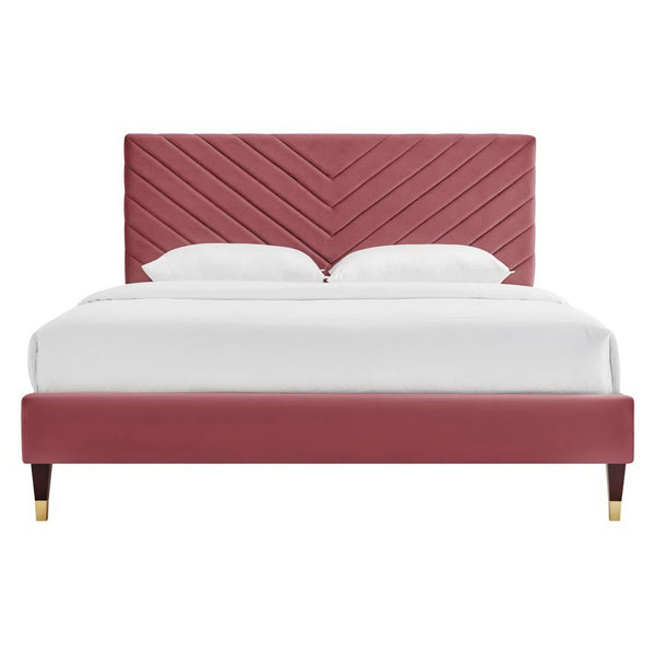Modway Furniture Roxanne Chevron Tufted Performance Velvet Queen Platform Bed - Modern Glam with Sturdy Support Dusty Rose MOD-6286-DUS