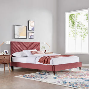 Modway Furniture Roxanne Chevron Tufted Performance Velvet Queen Platform Bed - Modern Glam with Sturdy Support Dusty Rose MOD-6286-DUS