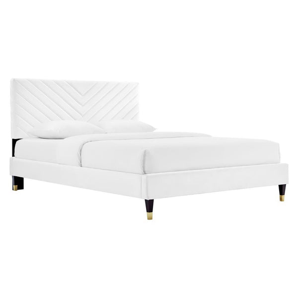 Modway Furniture Roxanne Chevron Tufted Performance Velvet Queen Platform Bed - Modern Glam with Sturdy Support White MOD-6286-WHI