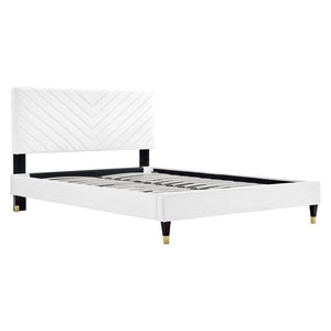 Modway Furniture Roxanne Chevron Tufted Performance Velvet Queen Platform Bed - Modern Glam with Sturdy Support White MOD-6286-WHI
