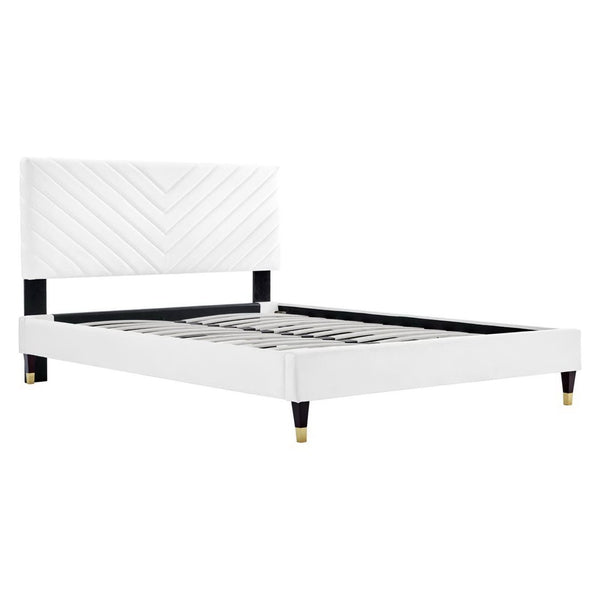 Modway Furniture Roxanne Chevron Tufted Performance Velvet Queen Platform Bed - Modern Glam with Sturdy Support White MOD-6286-WHI