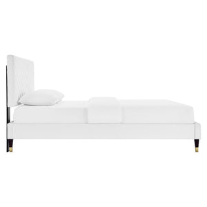 Modway Furniture Roxanne Chevron Tufted Performance Velvet Queen Platform Bed - Modern Glam with Sturdy Support White MOD-6286-WHI