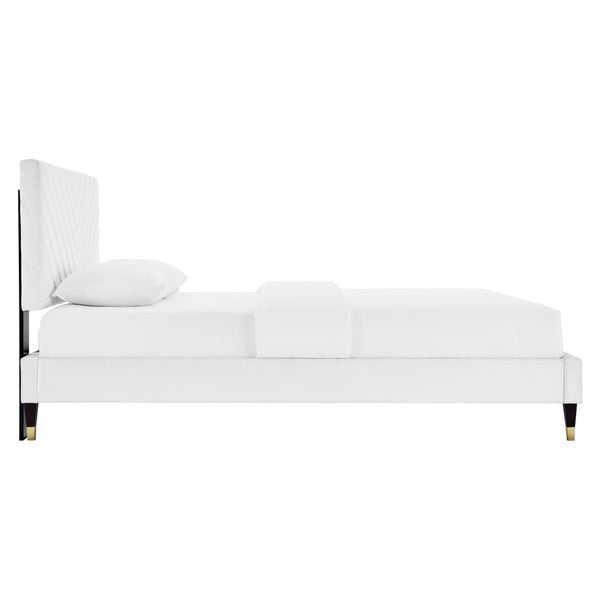 Modway Furniture Roxanne Chevron Tufted Performance Velvet Queen Platform Bed - Modern Glam with Sturdy Support White MOD-6286-WHI