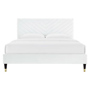 Modway Furniture Roxanne Chevron Tufted Performance Velvet Queen Platform Bed - Modern Glam with Sturdy Support White MOD-6286-WHI
