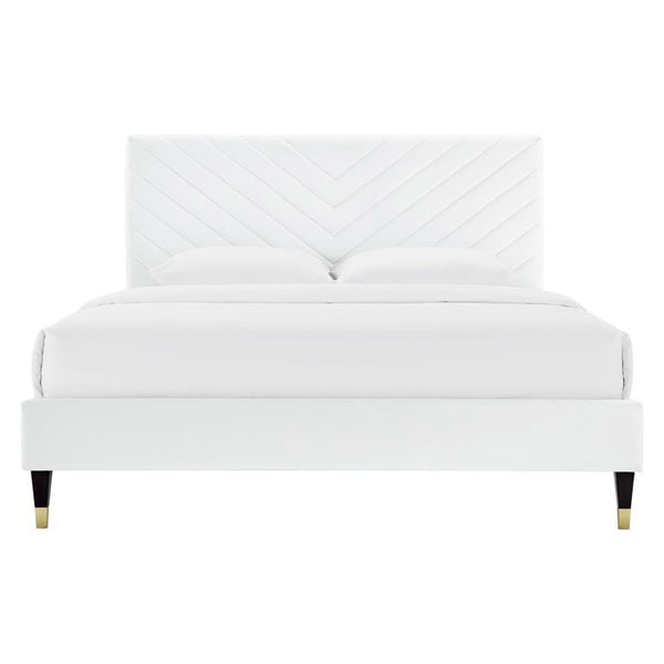 Modway Furniture Roxanne Chevron Tufted Performance Velvet Queen Platform Bed - Modern Glam with Sturdy Support White MOD-6286-WHI
