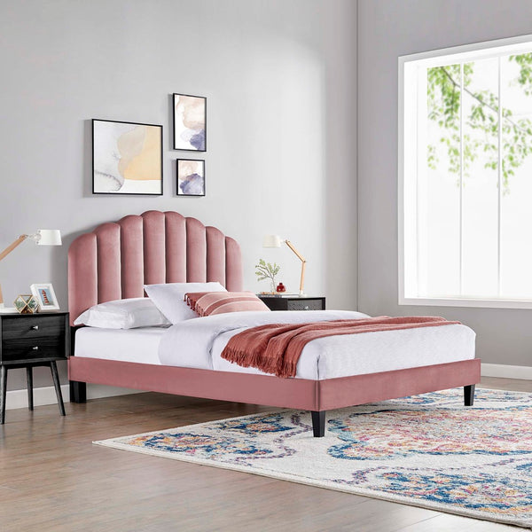 Modway Furniture Daisy Queen Platform Bed - Art Deco Glamour with Scalloped Headboard and Performance Velvet Upholstery Dusty Rose MOD-6287-DUS