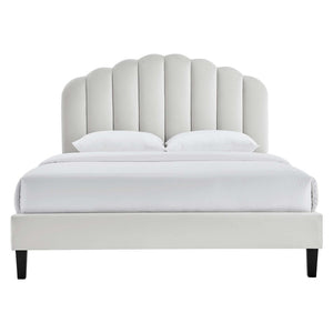 Modway Furniture Daisy Queen Platform Bed - Art Deco Glamour with Scalloped Headboard and Performance Velvet Upholstery Light Gray MOD-6287-LGR