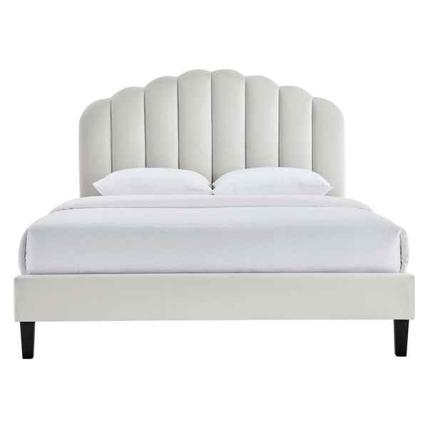 Modway Furniture Daisy Queen Platform Bed - Art Deco Glamour with Scalloped Headboard and Performance Velvet Upholstery Light Gray MOD-6287-LGR