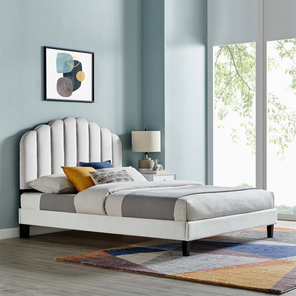 Modway Furniture Daisy Queen Platform Bed - Art Deco Glamour with Scalloped Headboard and Performance Velvet Upholstery Light Gray MOD-6287-LGR