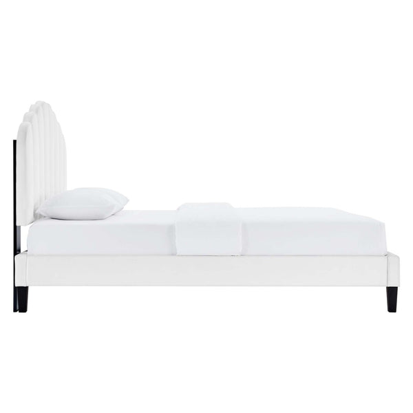 Modway Furniture Daisy Queen Platform Bed - Art Deco Glamour with Scalloped Headboard and Performance Velvet Upholstery White MOD-6287-WHI