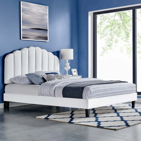 Modway Furniture Daisy Queen Platform Bed - Art Deco Glamour with Scalloped Headboard and Performance Velvet Upholstery White MOD-6287-WHI