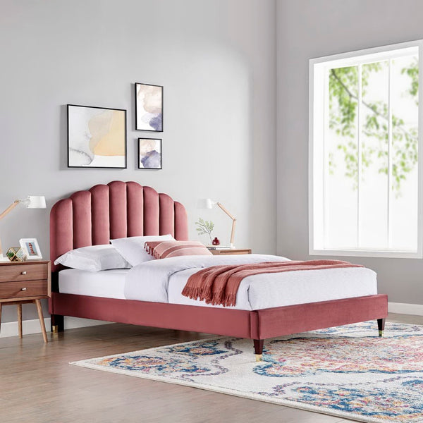 Modway Furniture Daisy Performance Velvet Queen Platform Bed – Elegant Channel-Tufted Design with Sturdy Support Dusty Rose MOD-6288-DUS