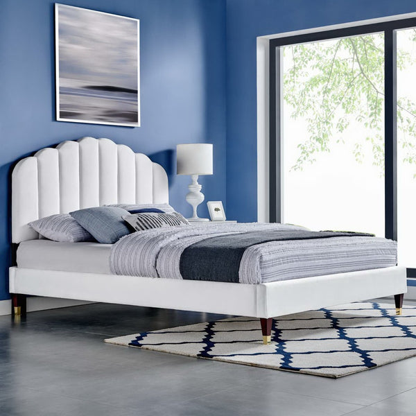 Modway Furniture Daisy Performance Velvet Queen Platform Bed – Elegant Channel-Tufted Design with Sturdy Support White MOD-6288-WHI