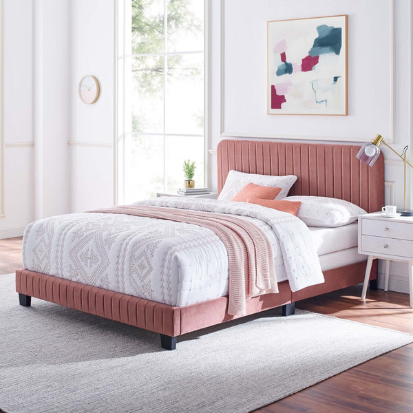 Modway Furniture Celine Twin Bed with Channel Tufting and Luxurious Performance Velvet for Glamorous Room Decor Dusty Rose MOD-6332-DUS