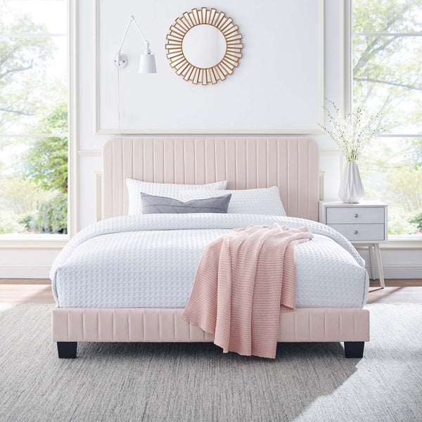 Modway Furniture Celine Channel Tufted Velvet King Platform Bed - Luxurious Upholstery & Sturdy Support for Comfort Pink MOD-6333-PNK