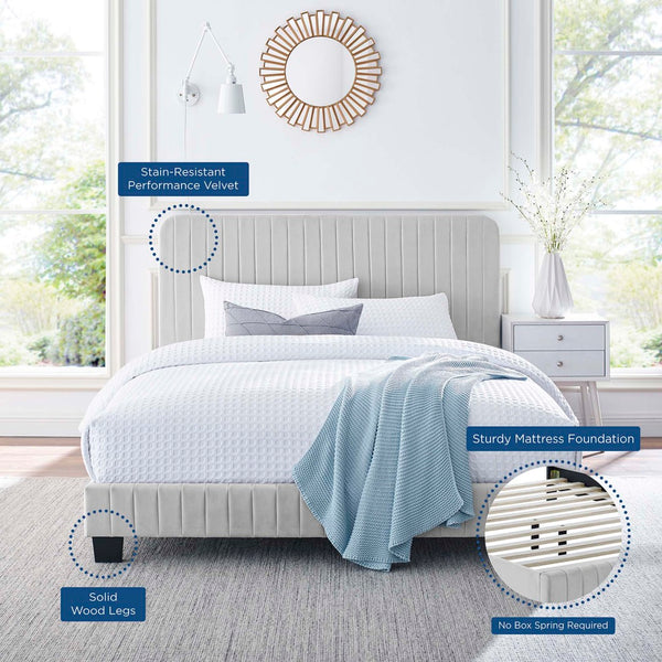 Modway Furniture Celine Channel Tufted Velvet Queen Platform Bed - Modern Glamour & Comfort for Your Bedroom Retreat Light Gray MOD-6334-LGR
