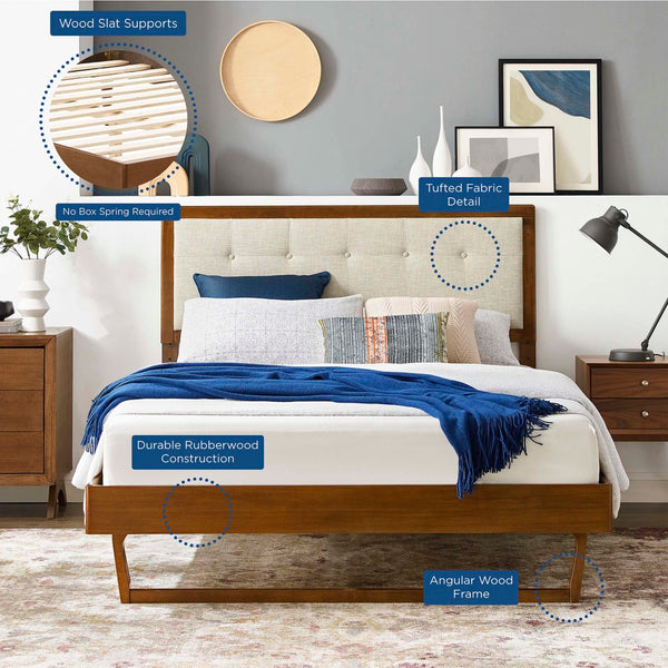 Modway Furniture Willow Wood Queen Platform Bed - Mid-Century Modern Design with Sturdy Frame for Everyday Comfort Walnut Beige MOD-6384-WAL-BEI
